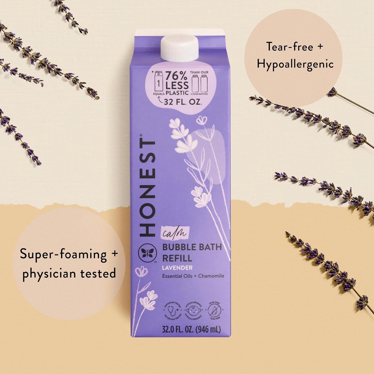 The Honest Company Foaming Bubble Bath Refill Carton Gentle for Baby Naturally Derived Tear-Free Hypoallergenic Lavender Calm 32 fl oz