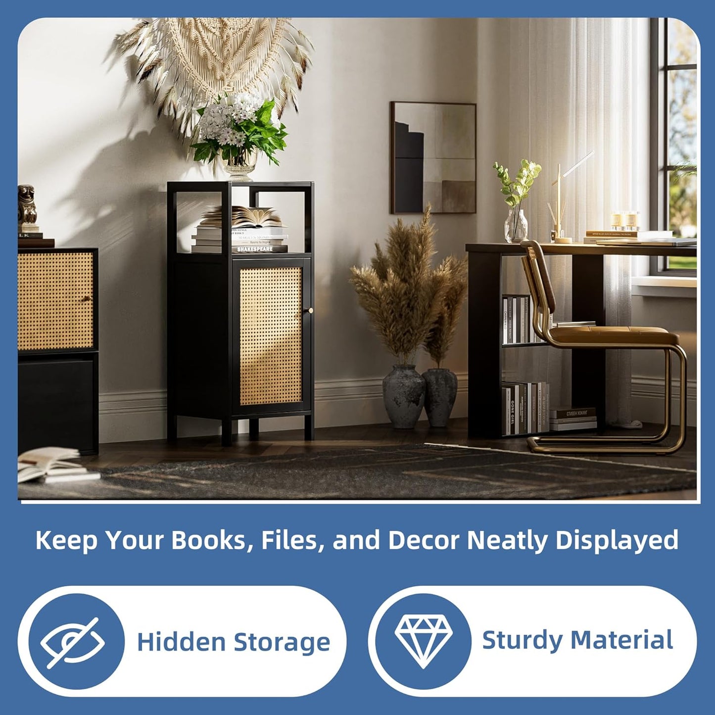 HITNET Bamboo Floor Cabinet, Small Bathroom Storage Cabinet with Single Rattan Door, Narrow Side Storage Organizer Unit Freestanding Space Saving Kitchen Cupboard, Black