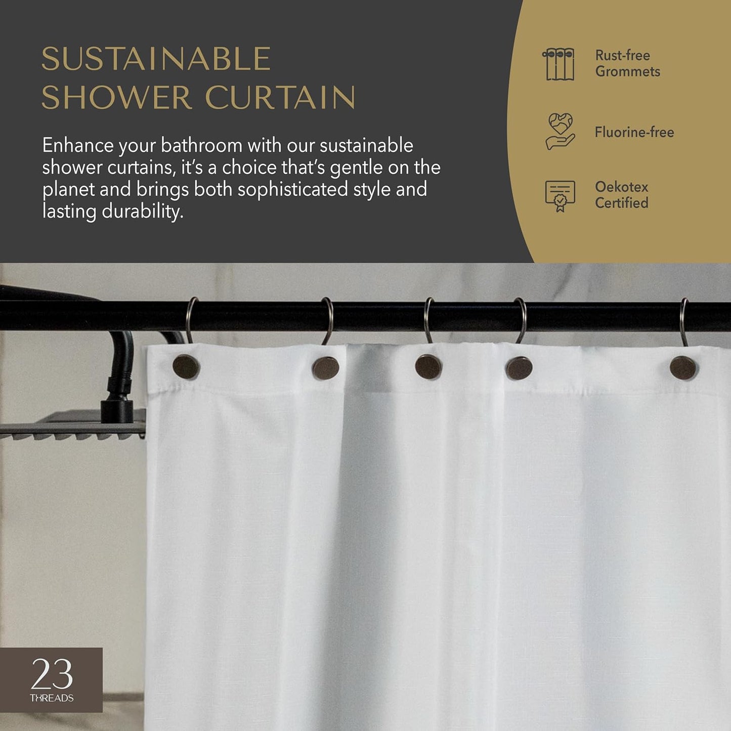 23 THREADS Fabric Shower Curtain for Bathroom, Water Resistant, Made from Sustainable Yarns, White, Textured Weave