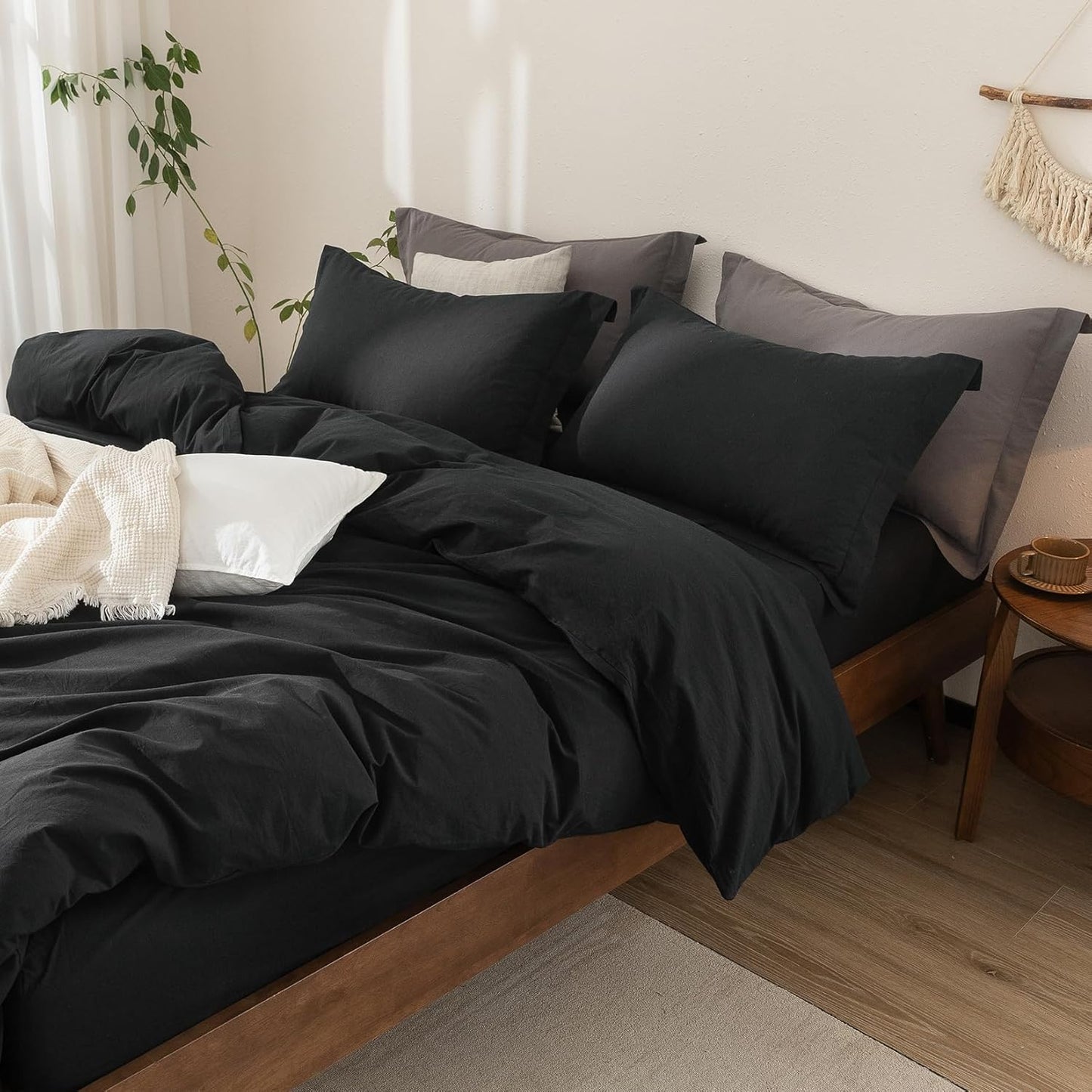 Black Duvet Cover Queen Size 100% Washed Cotton Bedding Set Cover 1 Duvet Cover with Zipper Closure and 2 Pillowcases, 90inch x 90inch