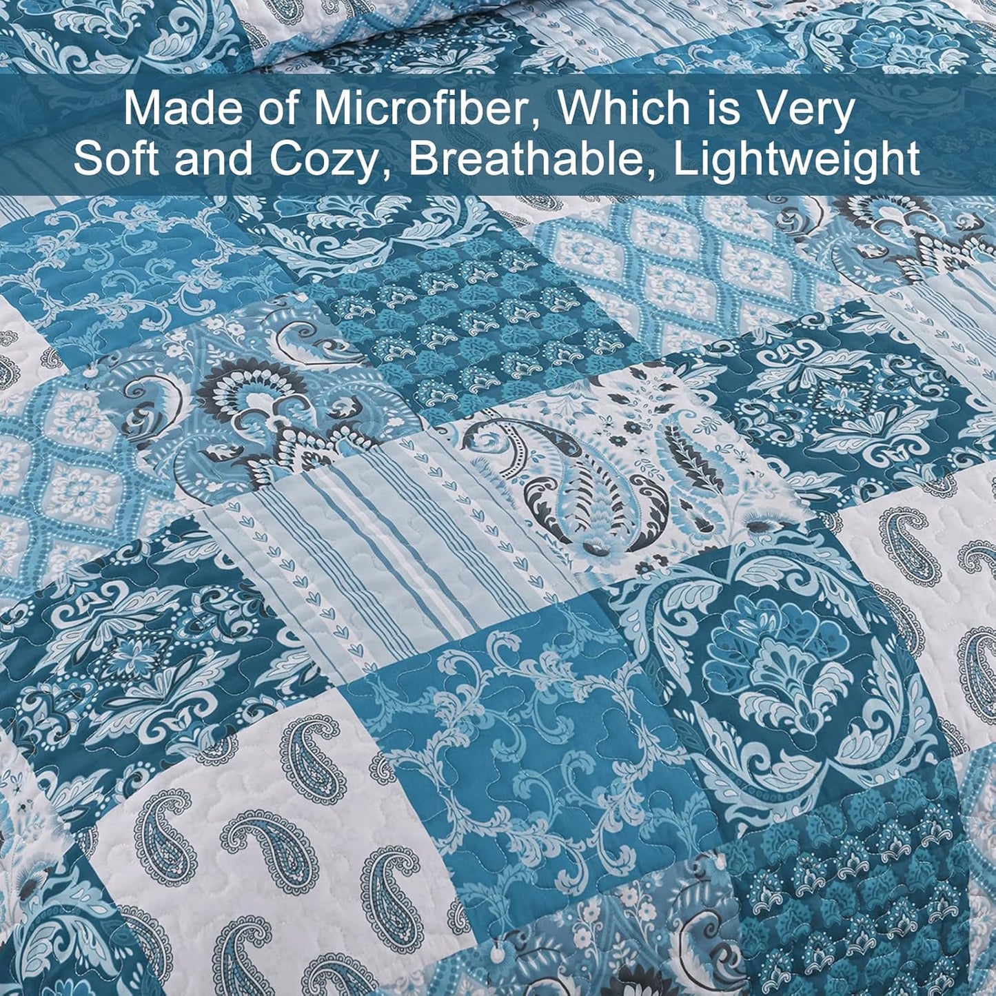 WONGS BEDDING Boho Quilt Set Queen Size,Teal Blue Plaid Patchwork Bedspread Bedding Set Soft Microfiber Quilt for Queen Bed Reversible 3 Pieces Coverlet Set for All Season (96"x90")