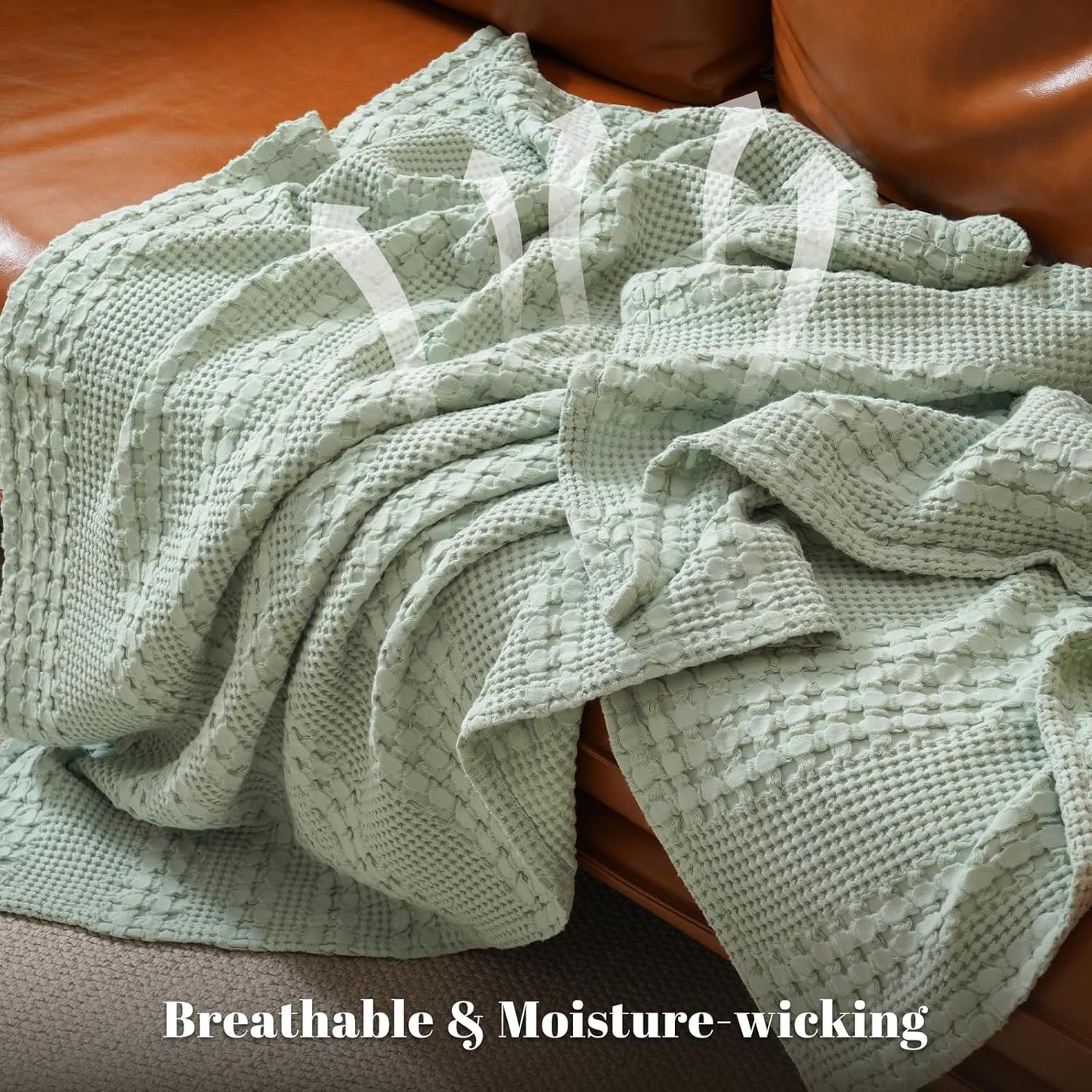 PHF 100% Cotton Waffle Weave Throw Blanket, Soft Lightweight Breathable Cozy Throws for Couch Bed Sofa, Luxury Aesthetic Woven Blanket for Home Decor & Office, 50"x60", Mint Green