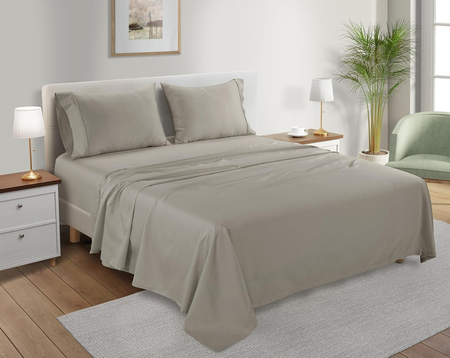 Organic Cotton Sheets Queen Size Bed Set Deep Pockets, 4 PC Cotton Queen Sheet Set, Soft Breathable Sateen Weave Elasticated Sheet & Pillowcase Sets, No Pill & Shrink, Machine washable- Silver