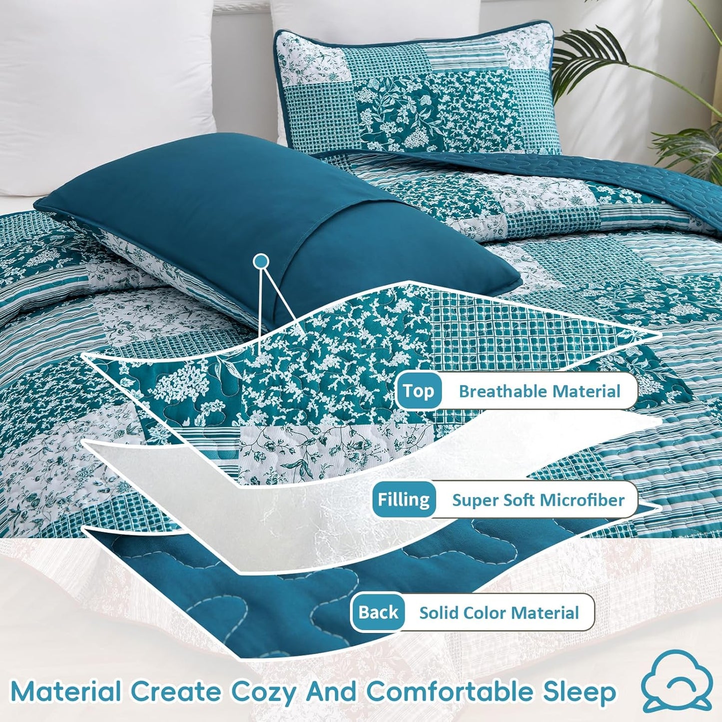 Mybedsoul Teal Blue Quilt Set King Size 3 Pieces Boho Plaid Turquoise Floral Bedspread Set Microfiber Lightweight Bohemian Bedding Bedspread Coverlet Set for All Season 90"x104"
