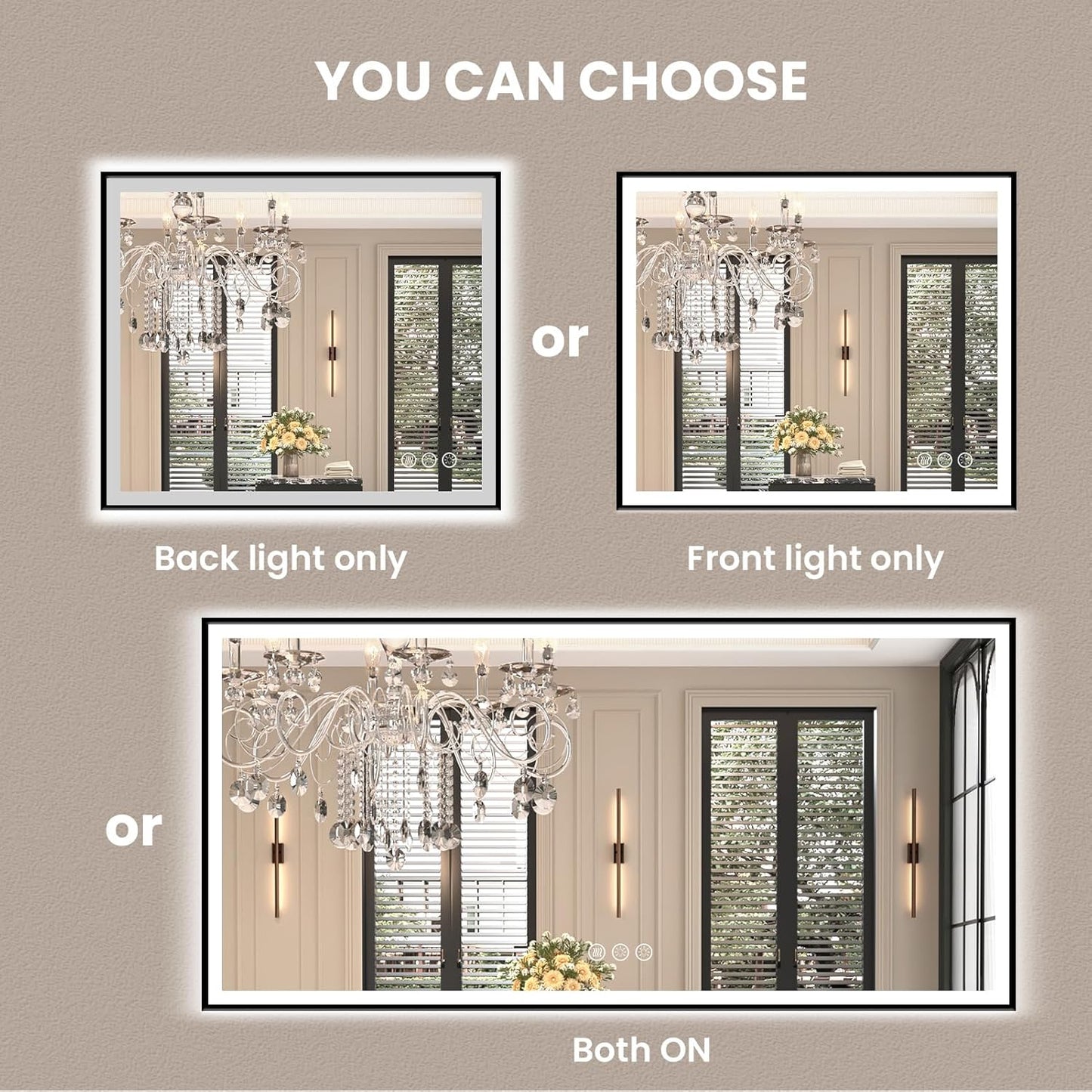 Amorho 40"x 32" LED Bathroom Mirror with Black Frame, Front Light and Backlit(Controlled Separately), Stepless Dimmable, Anti-Fog, Shatter-Proof, 3 Colors, Memory