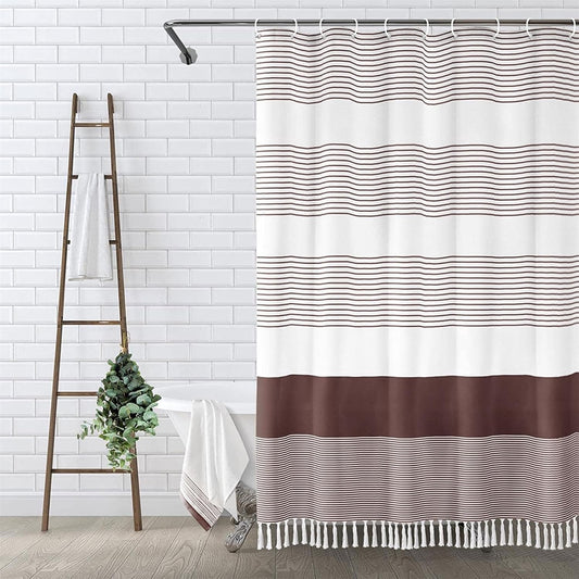 Awellife Boho Dark Brown Shower Curtain for Bathroom Stripe Tassel Shower Curtain 72 X 72 Inches Farmhouse Cotton
