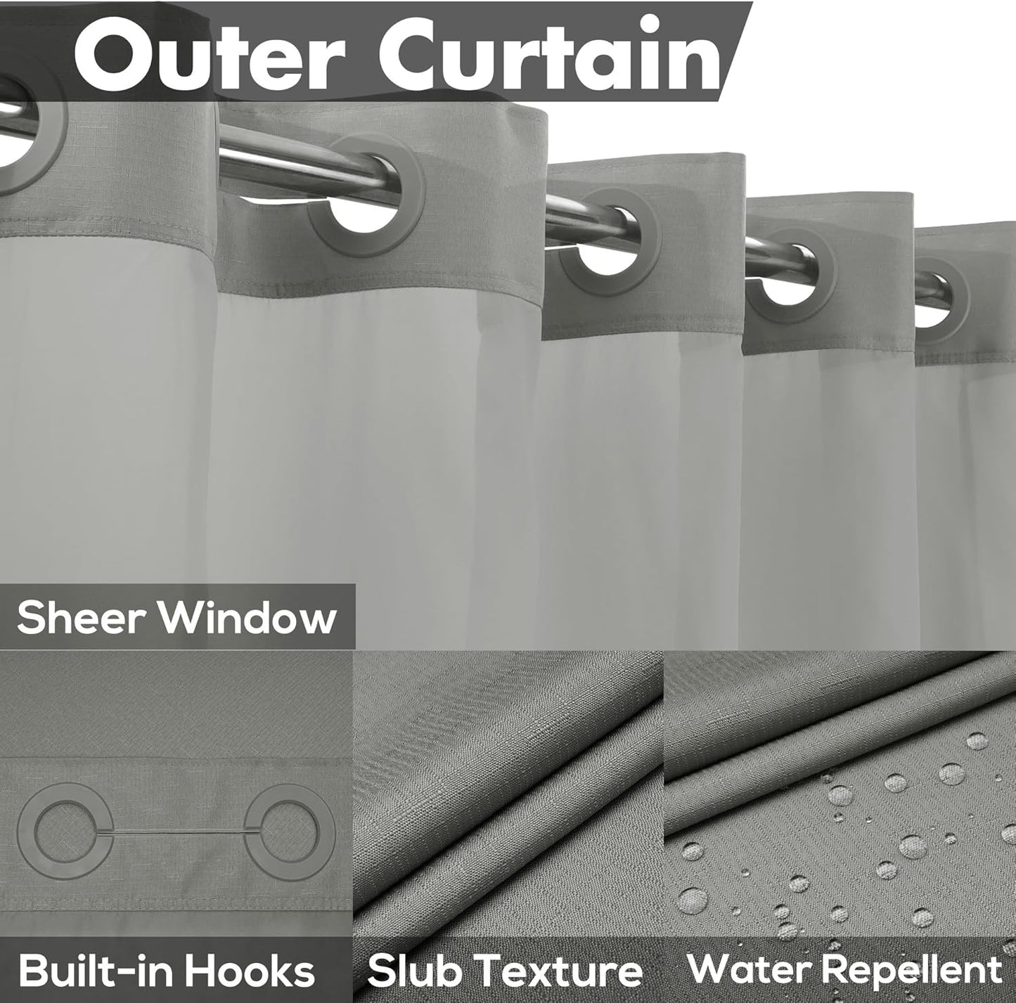 No Hook Slub Textured Shower Curtain with Waterproof PEVA Liner Set - 71" x 74"(72"), Hotel Style with See Through Top Window, Fabric Curtain & Waterproof Liner for Bathroom, Dark Gray, 71x74
