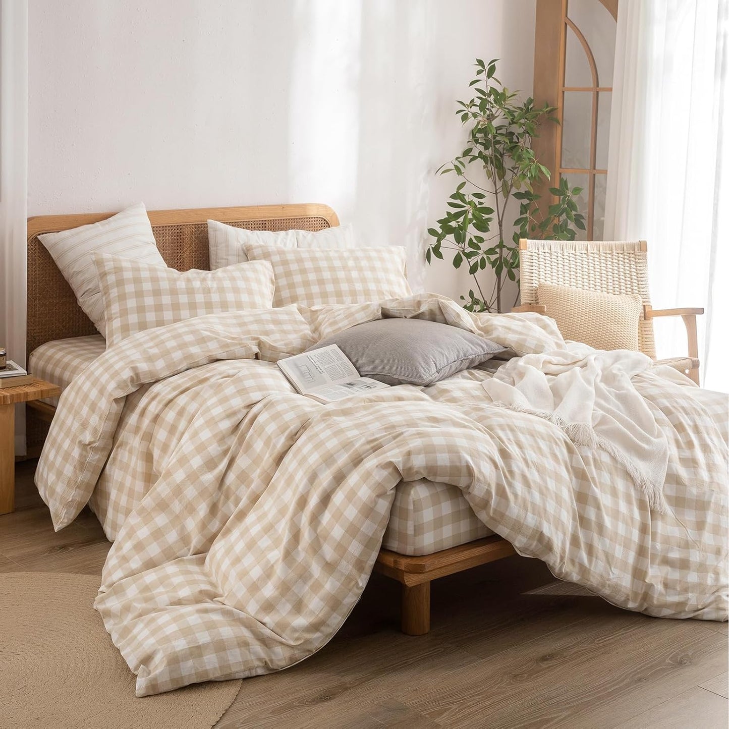 BESTOUCH Duvet Cover Set 100% Washed Cotton Linen Feel Super Soft Comfortable Chic Lightweight 3 PCs Home Bedding Set Almond Grey & White Grid Queen