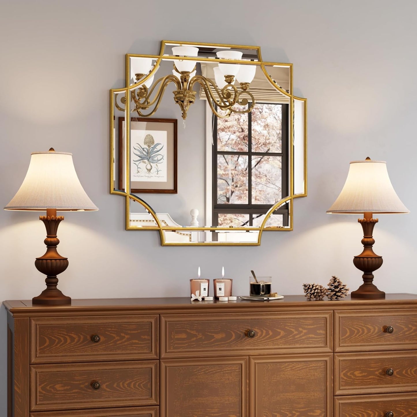 Kelly Miller Gold Framed Mirror for Wall, 26"x26" Gold Square Vanity Mirror Decorative Mirror Beveled Wall Decor for Bathroom Powder Room Living Room Bedroom Bedside Table Entryway Hallway