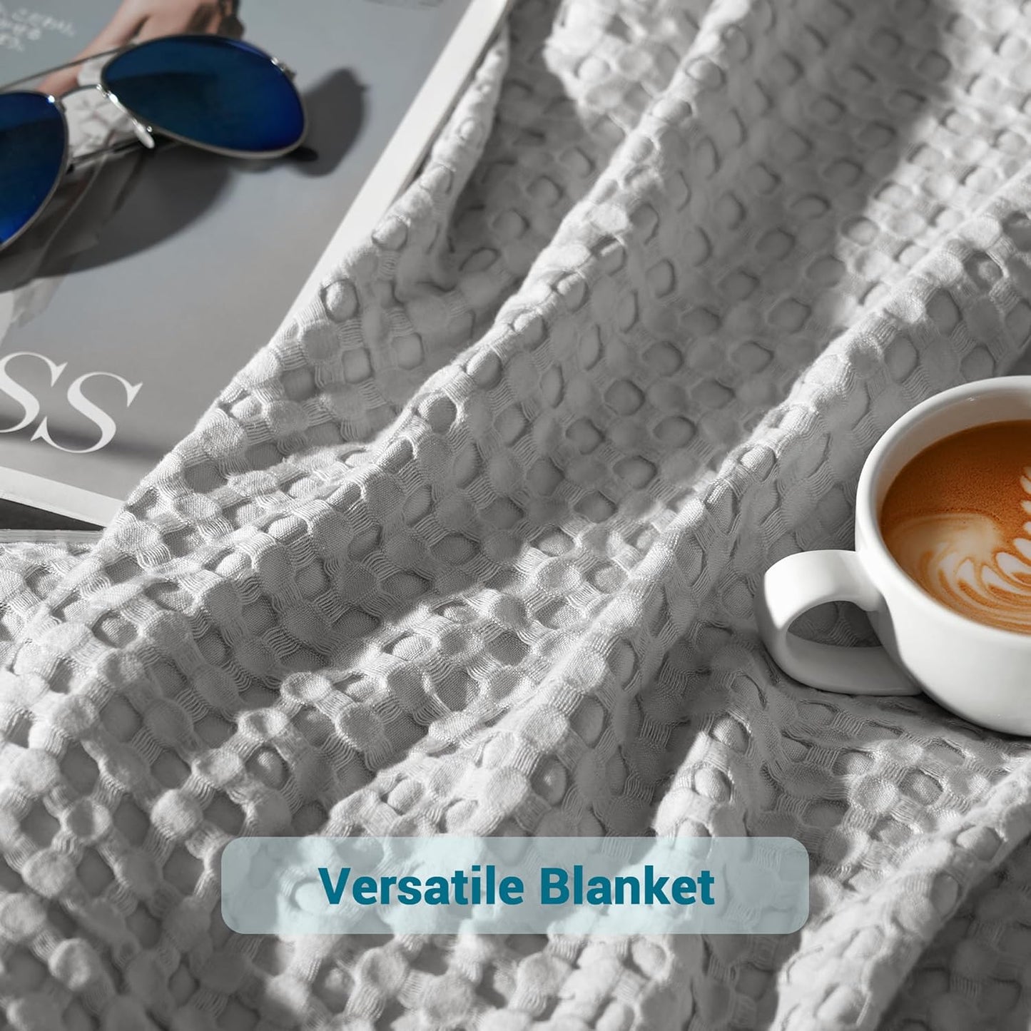 Aganear Waffle Blanket - Lightweight Breathable Summer Blanket of 50% Cotton and 50% Rayon Derived from Bamboo for Hot Sleepers Luxury Throws for Bed, Couch and Sofa,Grey,90x90 Inches