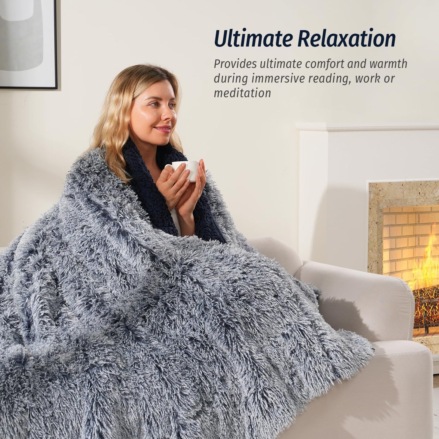 Wemore Shaggy Long Fur Faux Fur Weighted Blanket, Cozy and Plush Sherpa Long Hair Blanket for Adult 20lbs, Fluffy Fuzzy Sherpa Reverse Heavy Blanket for Bed, Couch, Backprint Navy Blue, 60 x 80 Inches