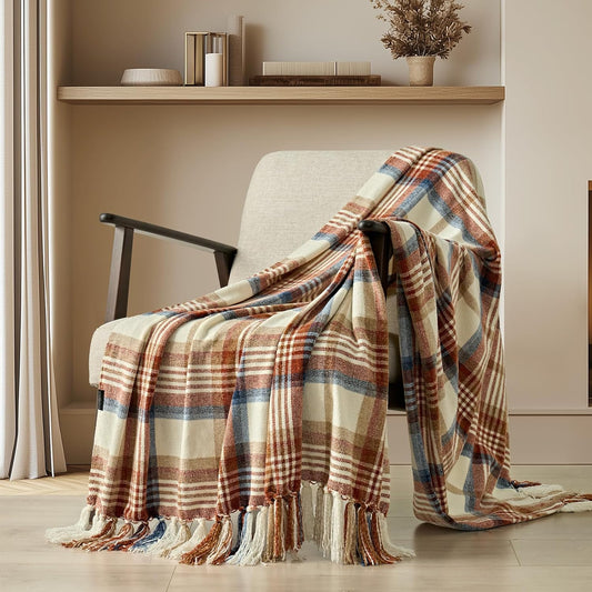 EVERGRACE Plaid Chenille Throw Blanket for Couch, Super Soft Cozy Decorative Fall Throw Blanket with Tassels for Bed Sofa Farmhouse Decor, Lightweight Harvest Plaid Throw Blanket for Autumn, 60"x80"
