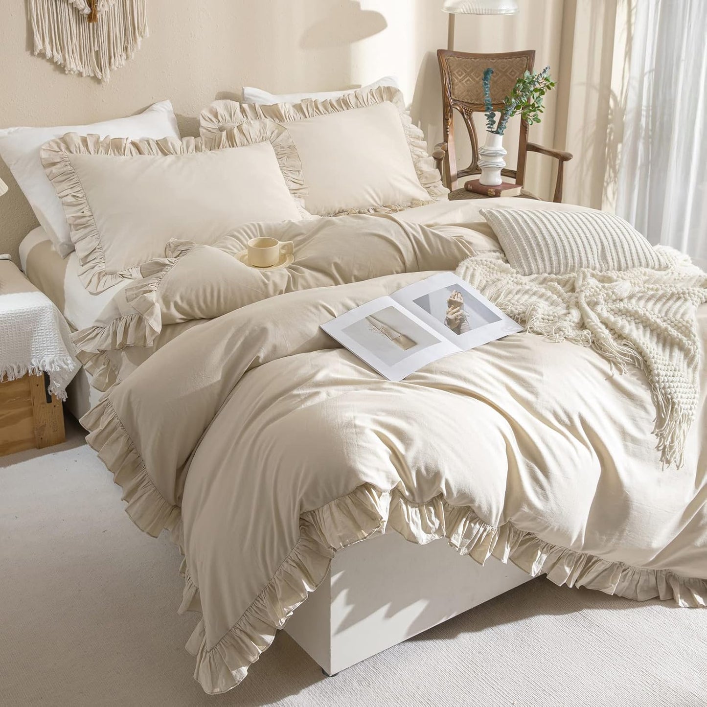 QSH Washed Cotton Duvet Cover King Ruffle Duvet Cover Linen Feel Textured Farmhouse Shabby Vintage Chic Bedding Comforter Cover 3 Pieces Aesthetic Elegant King Bedding