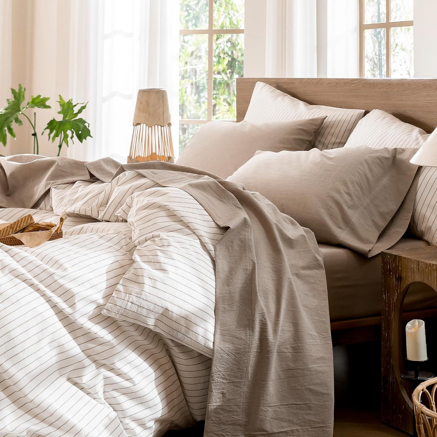 MooMee Bedding Sheet Set 100% Washed Cotton Linen Like Textured Breathable Durable Soft Comfy (Heathered Taupe, Queen)
