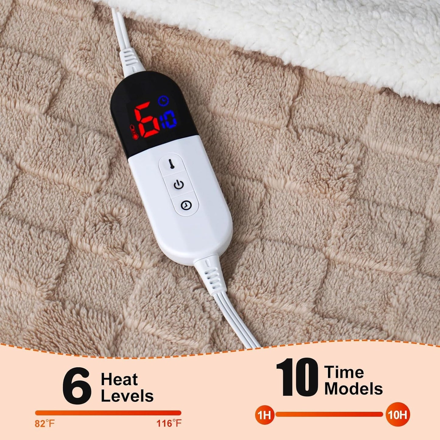 Heated Blanket with 6 Heating Levels 10 Hours Time Setings and Auto-Shut Off, Soft Checked Flannel Fast-Heating Electric Blanket (Khaki, 90"X100")