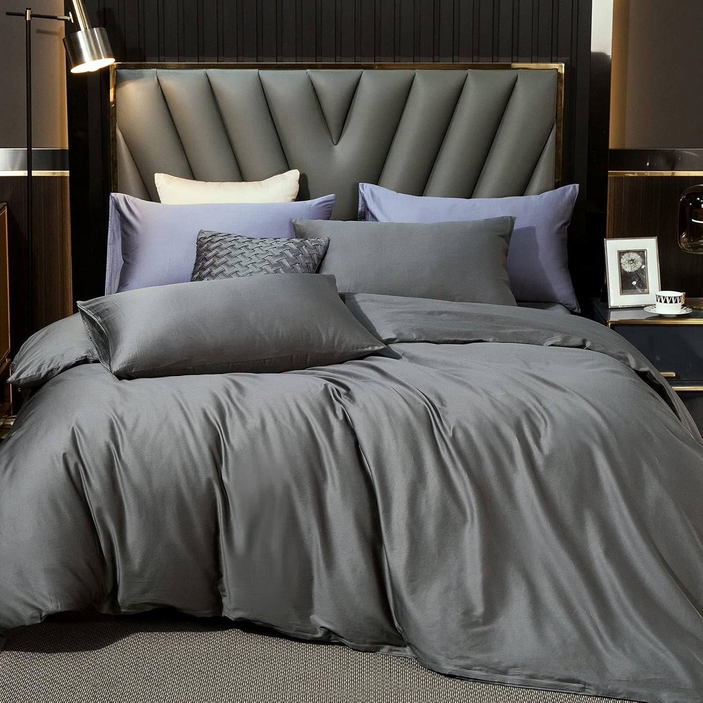 MooMee Duvet Cover Set 100% Extra Long Staple Cotton 600 Thread Count Silky Sateen Smooth Luxury Soft Breathable Durable Hotel Quality Bedding, 3 Pieces (Dark Gray,California King 104"x98")
