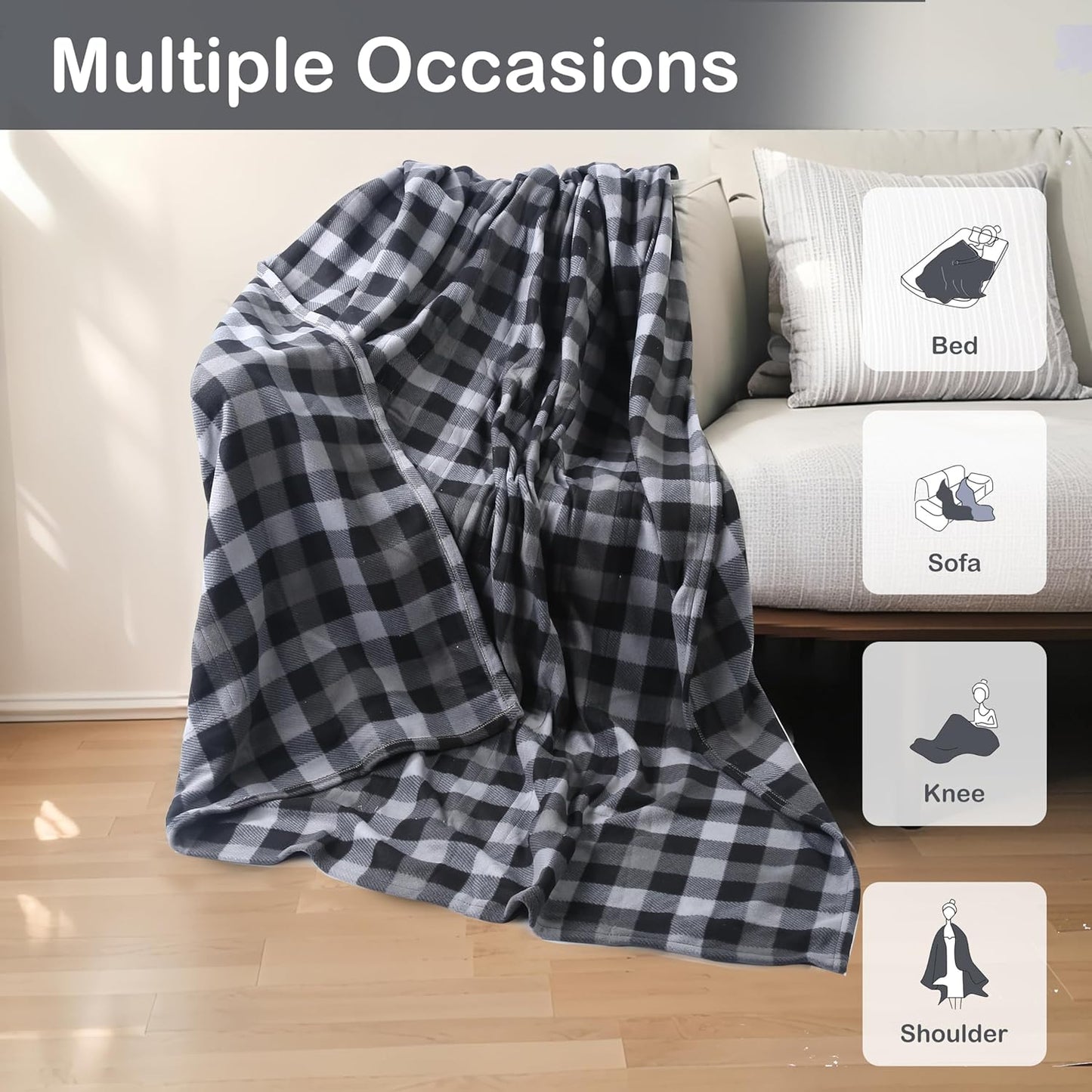 Electric Heated Blanket Full 72"x84", Soft Fleece with 10 Hours Auto-Off & 4 Heating Levels, Ultra-Soft, Warm Cozy, Machine Washable, Plaid Pattern, Dark Gray