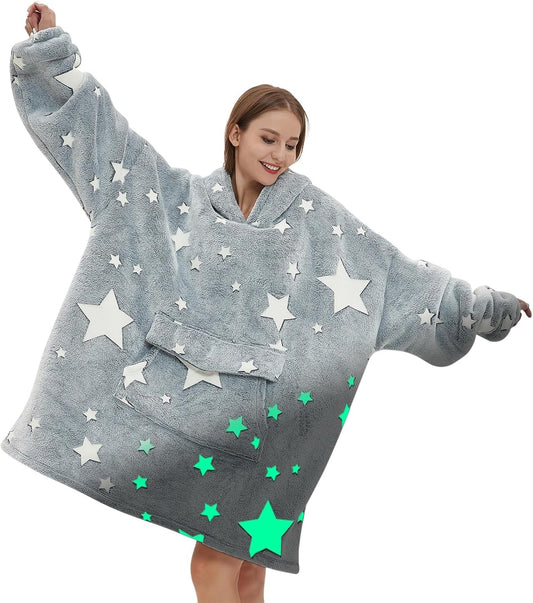 Glow in The Dark Wearable Blanket Hoodie for Adult,Oversized Sherpa Fleece Blanket Hoodie for Women Men,Luminous Stars