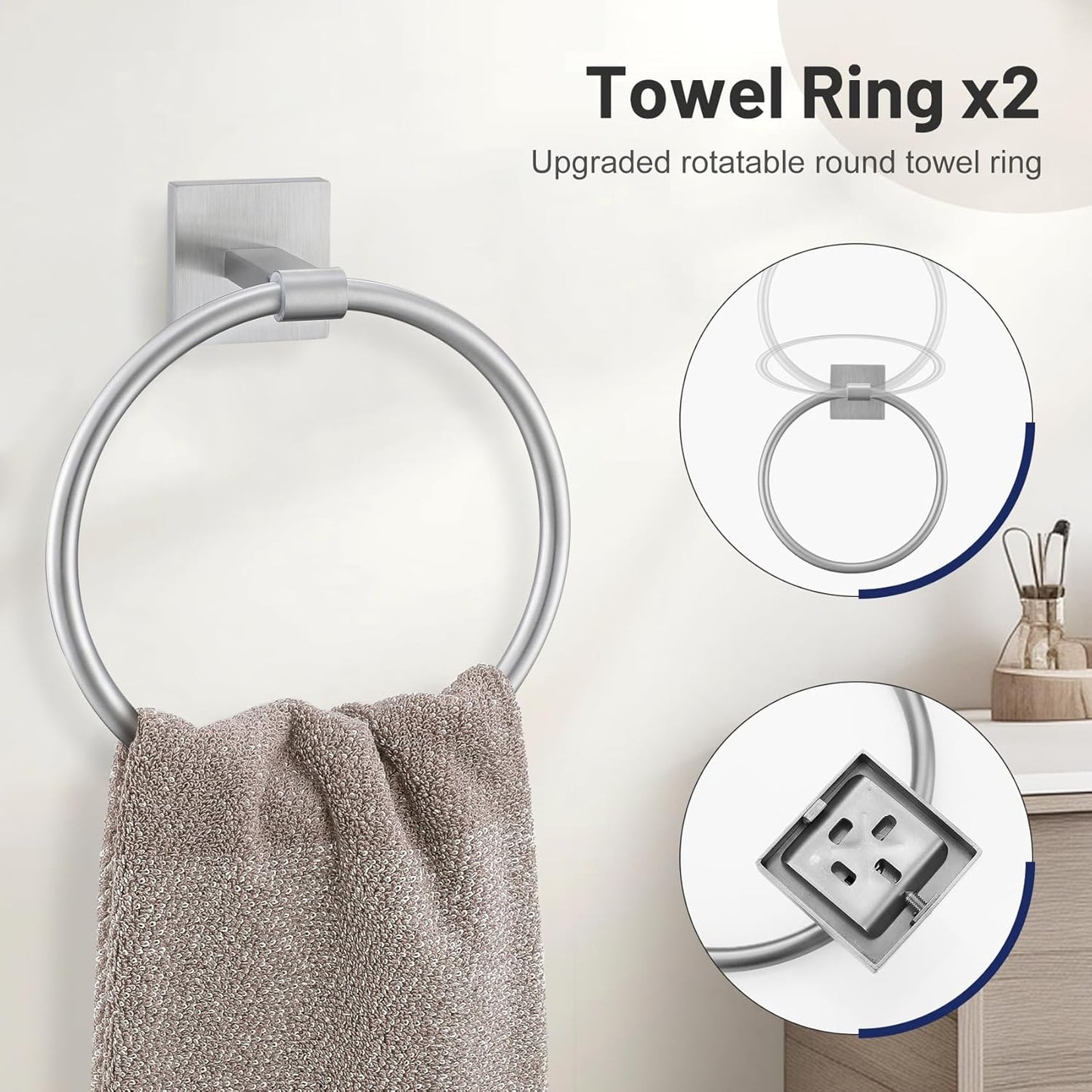 10 Pieces Bathroom Hardware Set Brushed Nickel Towel Bar Set Includes 23.6” Towel Bar, Towel Ring Holder, Toilet Paper Holder and Two Towel Hooks, Bathroom Accessories Set SUS304 Wall Mounted