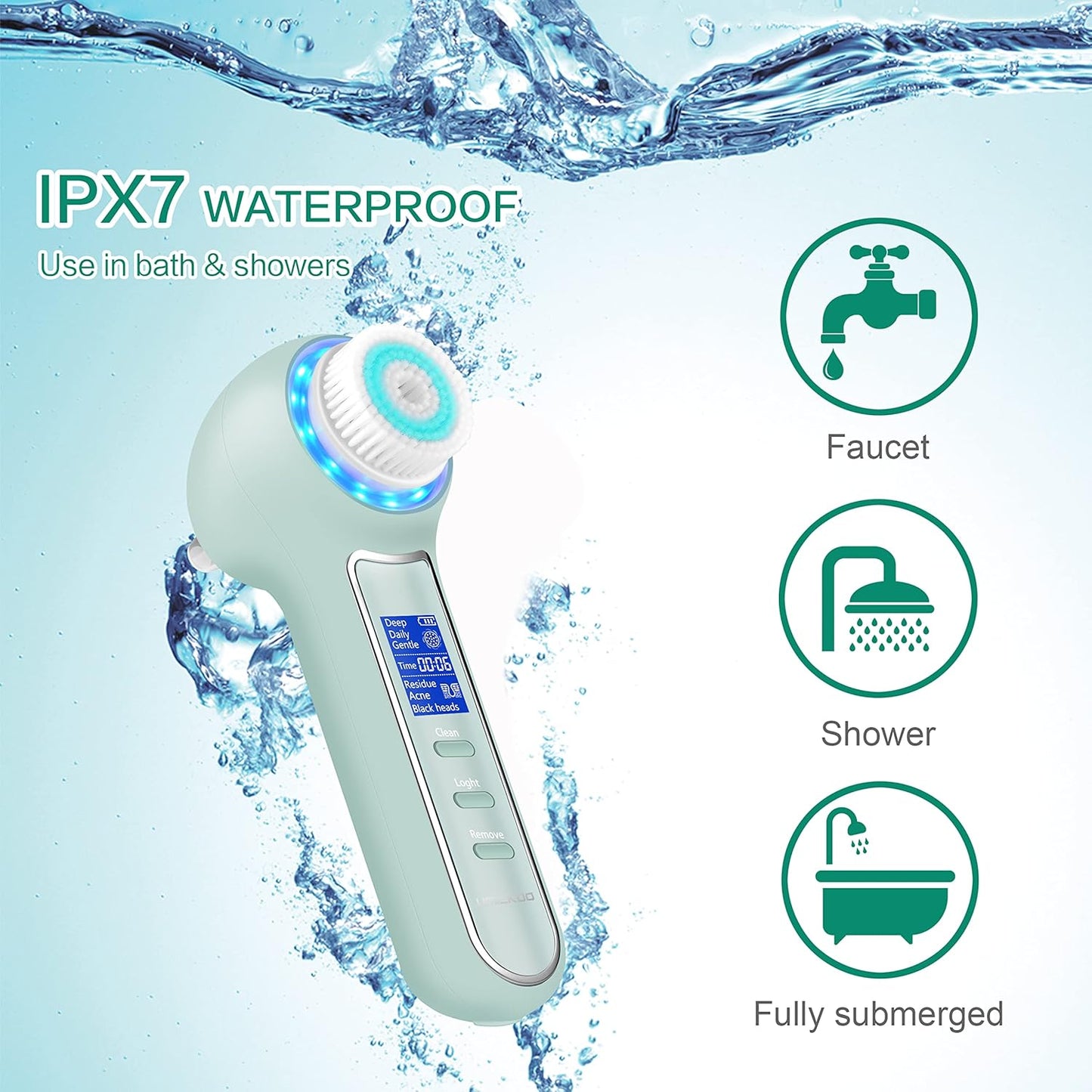 Face Scrubber Exfoliator,Facial Cleansing Brush Waterproof with LCD Screen,Blackhead Remover Vacuum with 5 Brush Heads,Face Spin Brush for Exfoliating (Green)