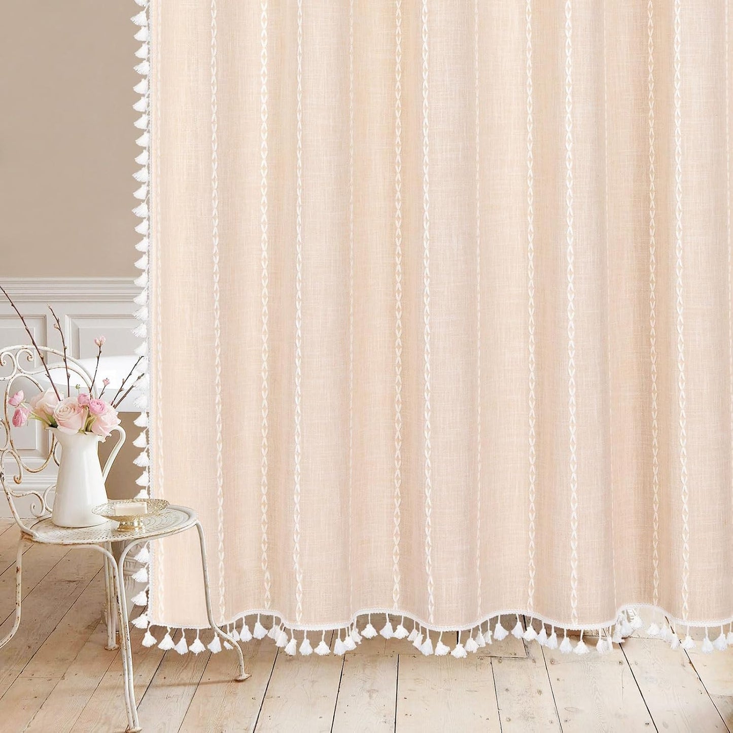 MitoVilla Boho Extra Long Shower Curtain 72 x 96, Cream Modern Farmhouse 96 inch XL Polyester Linen Texture Tassel Fabric Shower Curtain Set with Hooks for Cottagecore Country Bathroom Decor,Cream