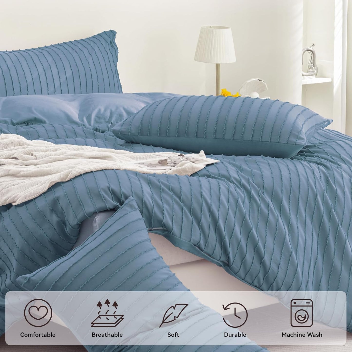 JELLYMONI Duvet Cover King Size Blue - 3PCS Boho Striped Duvet Cover Set Polyester Tufted Bohemian Textured Comforter Cover with Corner Ties & Zipper Closure