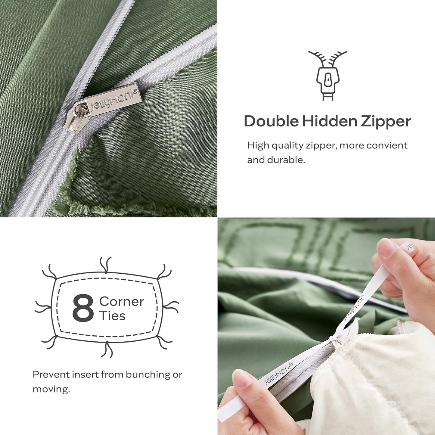 JELLYMONI Duvet Cover Twin Size Green - 3PCS Boho Duvet Cover Set Plaid Polyester Tufted Bohemian Jacquard Knit Textured Comforter Cover 68×90in Rhombic Geometric Pattern Corner Ties & Zipper