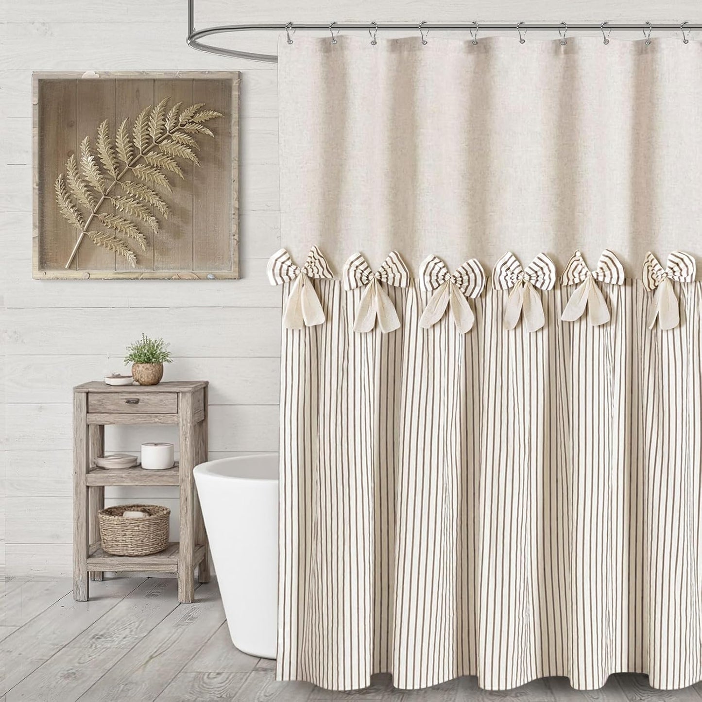 Farmhouse Shower Curtain Linen Beige Bow Woven Fabric Country Rustic Western, Pleated Brown Stripe 72" W x 78" L