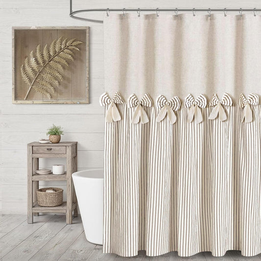 Farmhouse Shower Curtain Linen Beige Bow Woven Fabric Country Rustic Western, Pleated Brown Stripe 72" W x 72" L