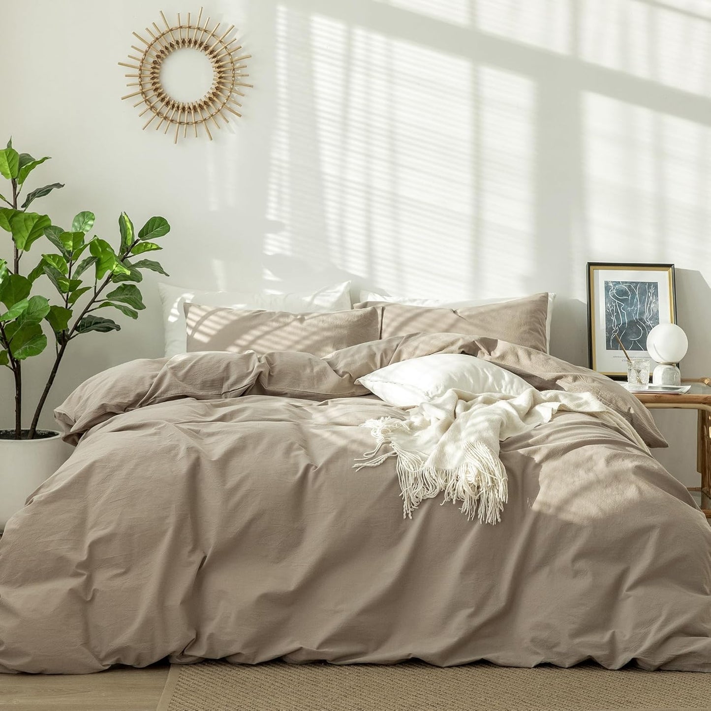 MooMee Bedding Duvet Cover Set 100% Washed Cotton Linen Like Textured Breathable Durable Soft Comfy (Solid Light Camel, Oversized King Plus 128"x120")