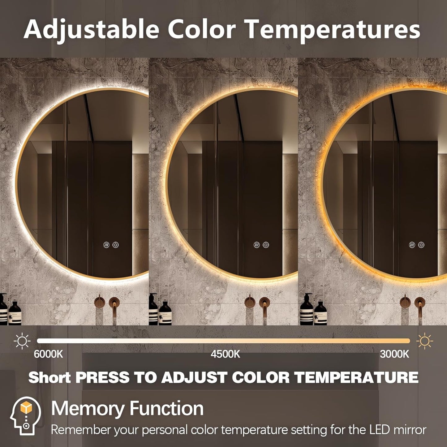Niccy Round Led Mirror for Bathroom, 30" Backlit Mirror for Wall Circle Lighted Mirror with Gold Frame Anti-Fog, 3 Colors, HD Glass and IP65 Waterproof