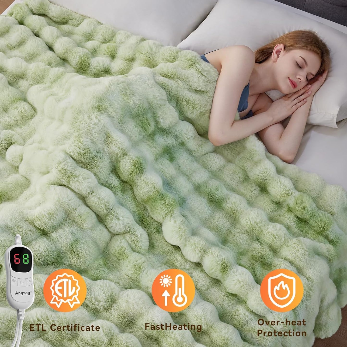 Heated Blanket Throw with 1/2/4/6/8 Hours Auto-Off 10 Heat Level, 62'' * 84'' Cozy Faux Rabbit Fur Bubble Electric Blanket with Overheat Protection(Tie-Dye Green)