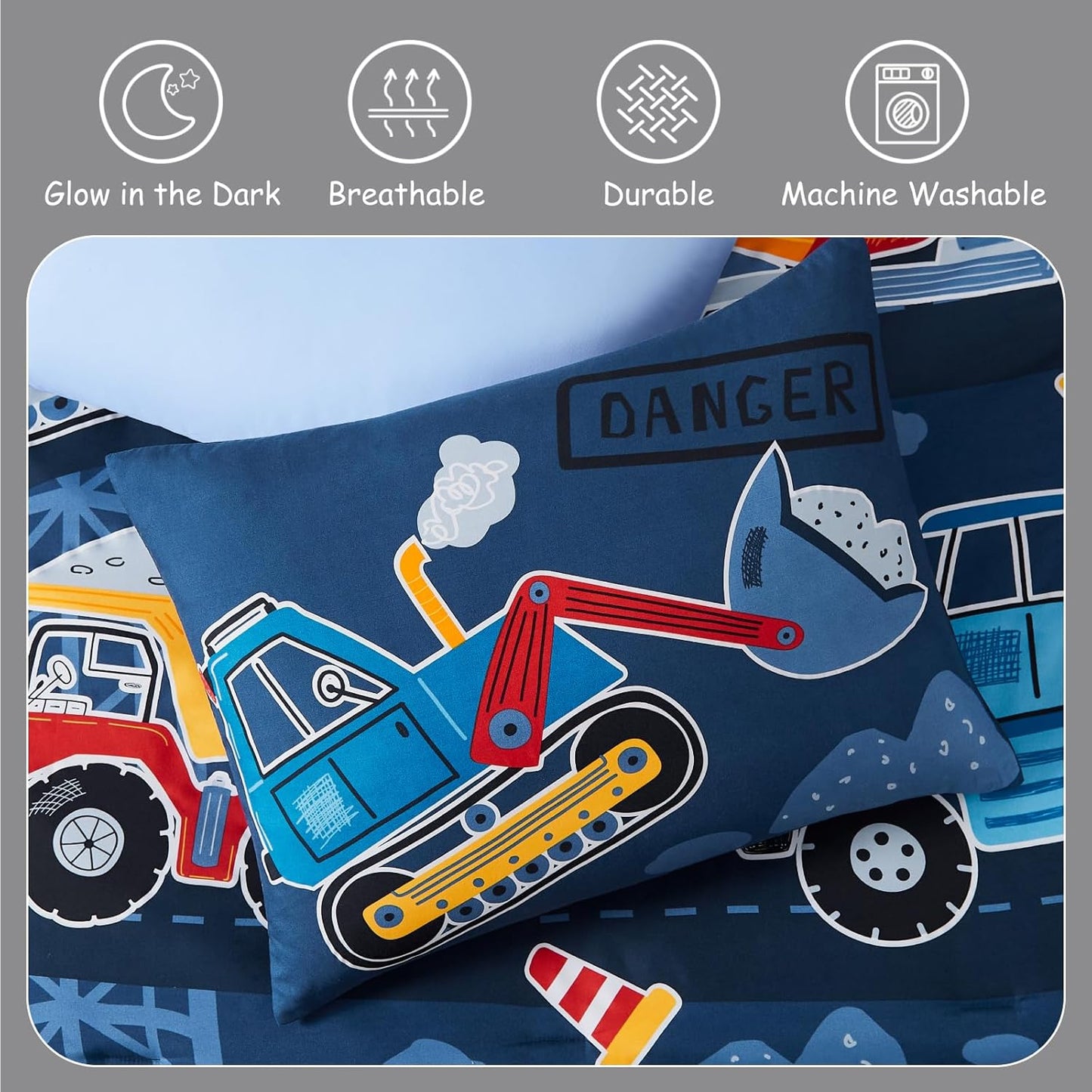 Kids Comforter Set Full Size for Boys, Glow in The Dark Truck Bedding Set 1 Comforter, 1 Decor Pillow, 2 Pillow Shams