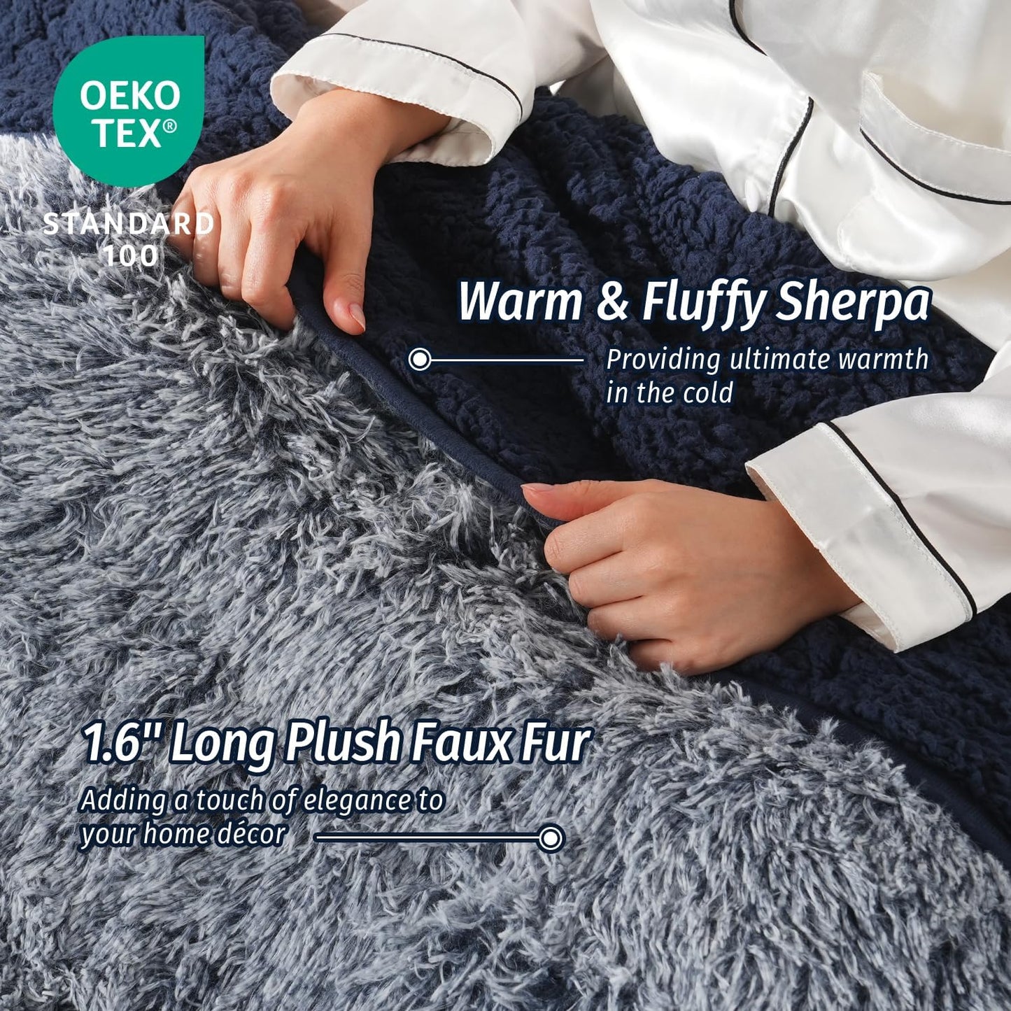 Wemore Shaggy Long Fur Faux Fur Weighted Blanket, Cozy and Plush Sherpa Long Hair Blanket for Adult 20lbs, Fluffy Fuzzy Sherpa Reverse Heavy Blanket for Bed, Couch, Backprint Navy Blue, 60 x 80 Inches