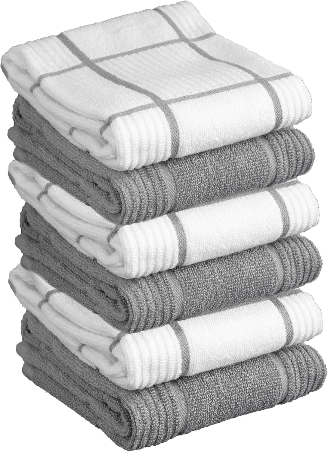 T-Fal Solid & Checked Parquet Kitchen Towels: Highly Absorbent, Super Soft Long Lasting - 100% Cotton, 16"x26" Dish Towels for Cleaning & Drying Dishes, Pans, Glassware, Countertops, 6-Pack, Gray