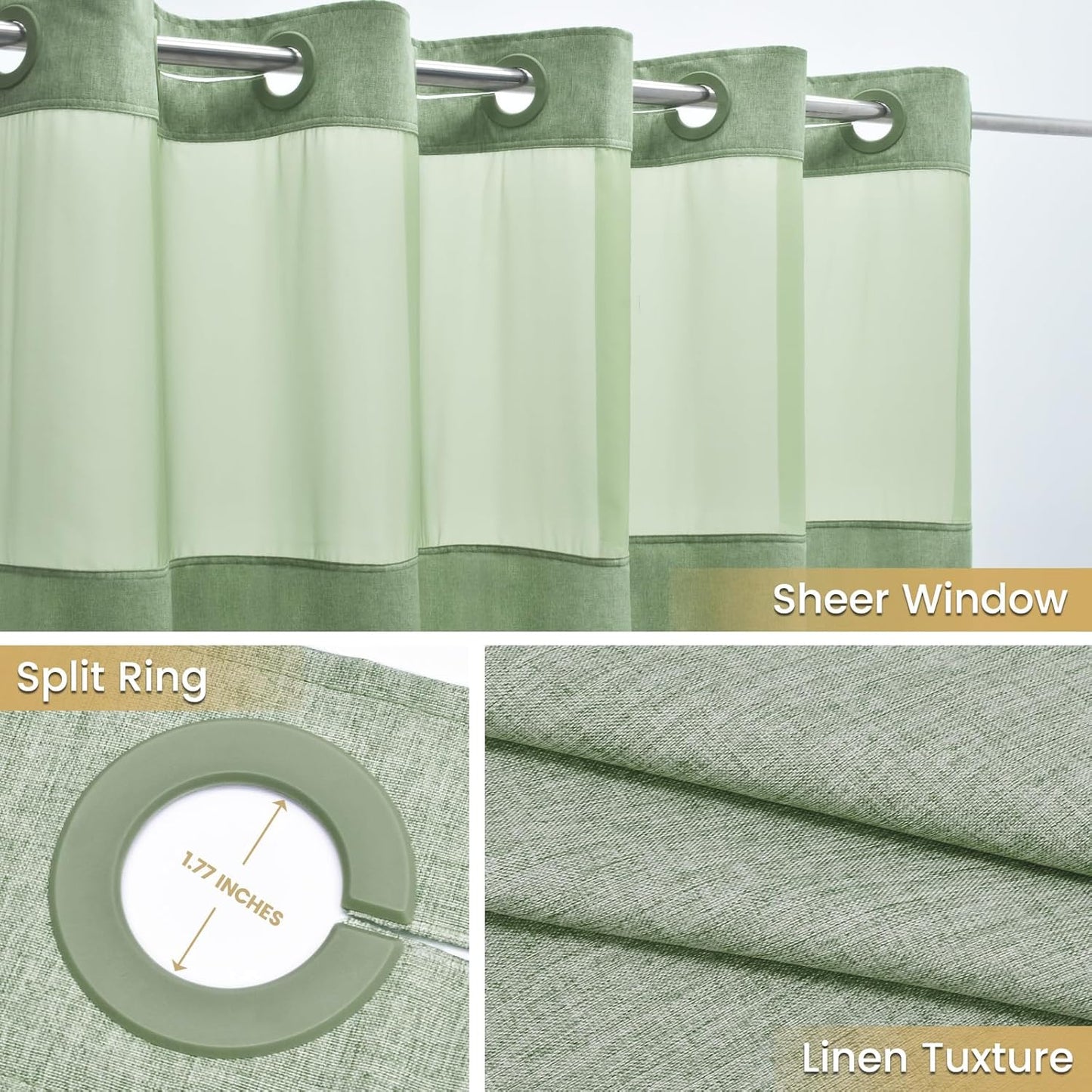 No Hook Shower Curtain with Snap in Liner, Polyester Textured Shower Curtain with Liner Set, Waterproof Washable Hotel Style Shower Curtains for Bathroom, 71Wx77H, Sage Green