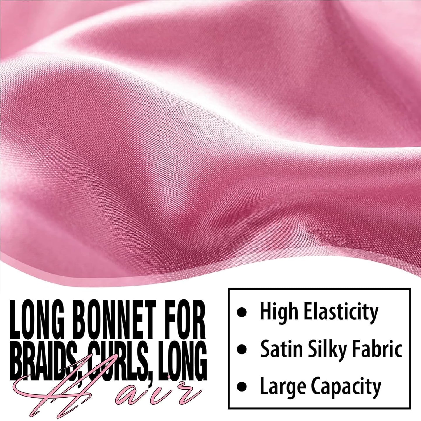 2Pcs Bonnets for Black Women Braid Bonnet, Large Long Satin Bonnet for Braids, Silk Bonnet with Stretchy Tie Band Sleep Cap Hair (2Pcs-Black&Rose Pink)