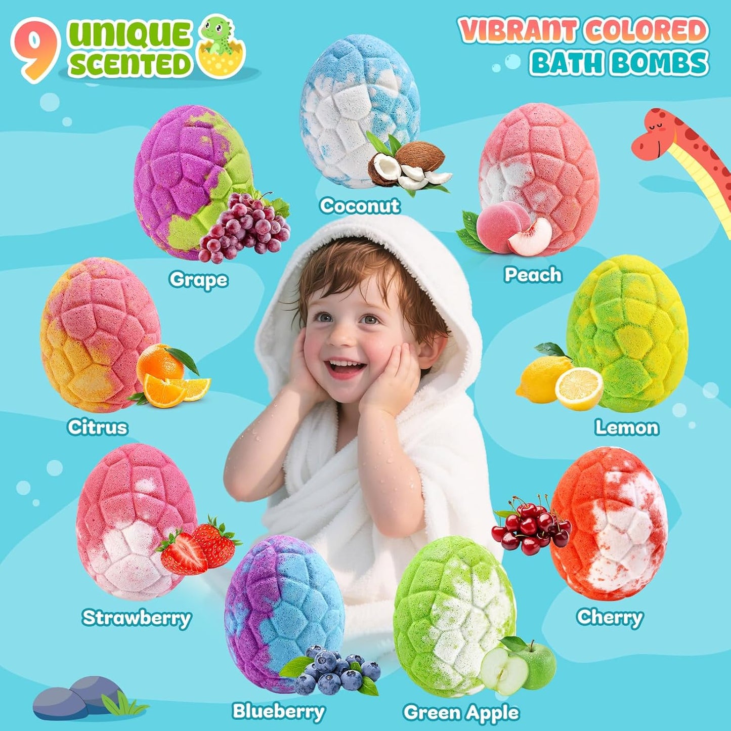Dinosaur Bath Bombs for Kids with Surprise Inside, Christmas Stocking Stuffers for Kids, 9 Pack Bath Bombs Gift Set, Natural Organic Kid Bubble Bath Fizzy for Girls Boys with Bath Toys Inside