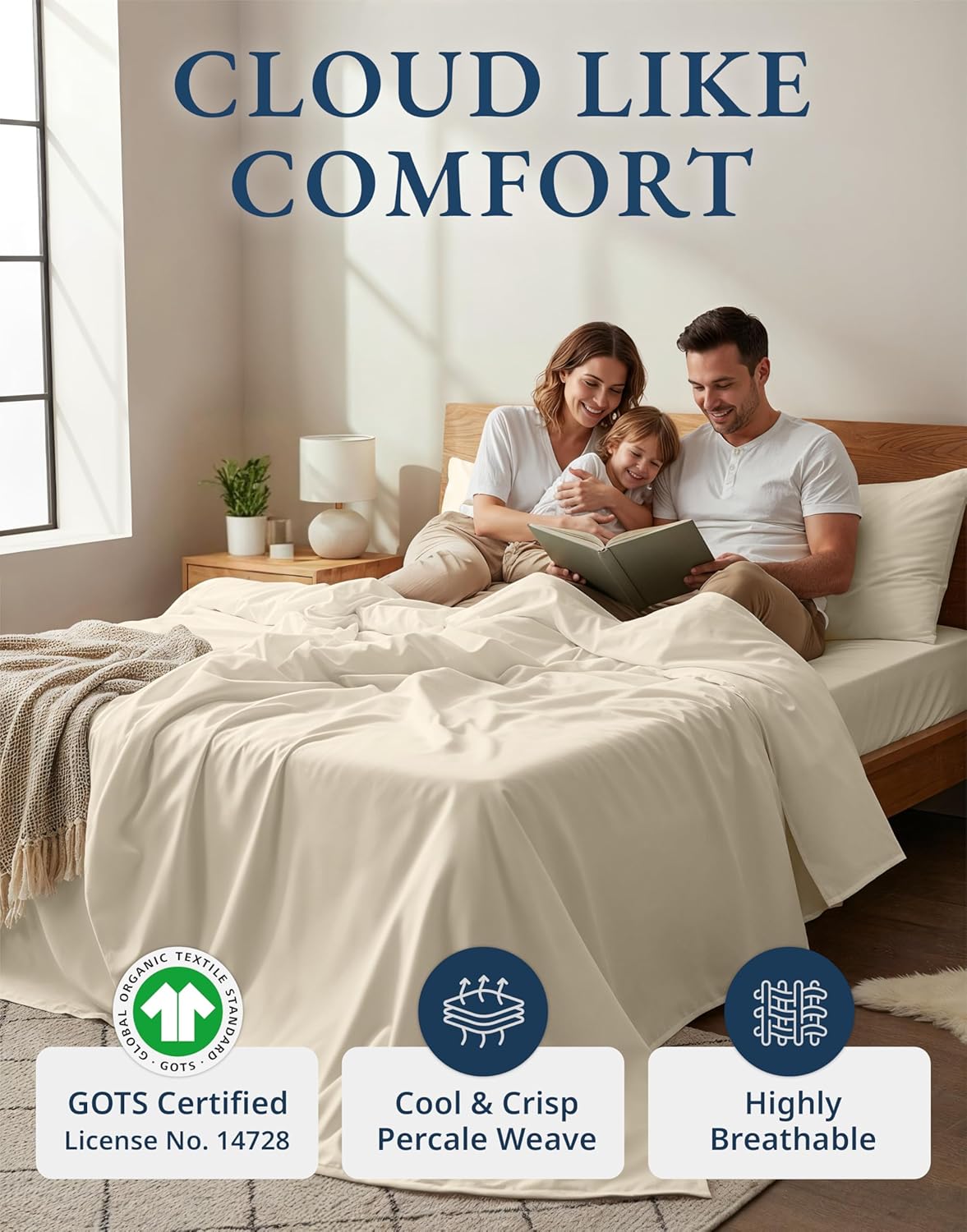 LANE LINEN 100% Organic Cotton California King Sheets Set, 4-Piece Pure Organic Cotton Long Staple Percale Weave Soft Best Bedding Sheets for Bed, Breathable, Fits Mattress Upto 15" Deep - Natural