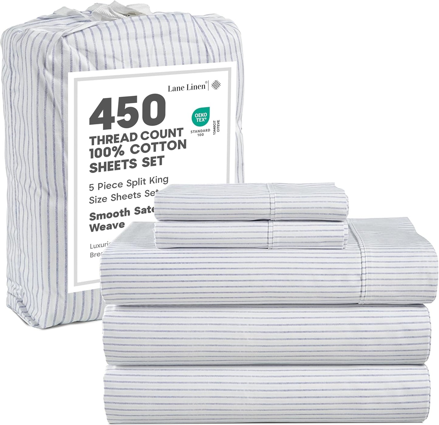 LANE LINEN Split King Sheets for Adjustable Bed – 450 Thread Count 100% Cotton Sateen Sheets, Soft & Cooling, 15” Deep Pocket Fitted Sheet, Hotel Bedding & Pillowcases, Ticking Stripe