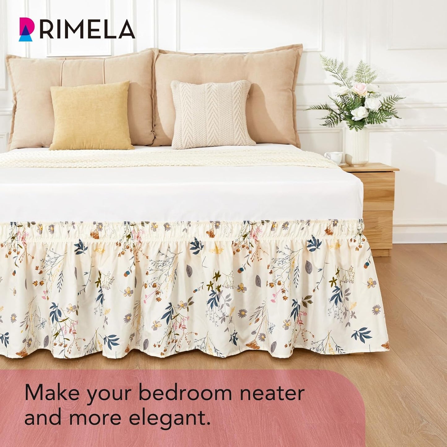 RIMELA Balloon Flower Floral Bed Skirt Queen Size 15 Inch Drop, Elastic Bed Skirting for Bed Frame, Bedding Dust Ruffle Easy to Install, Lightweight Wrap Around Adjustable Bedskirt