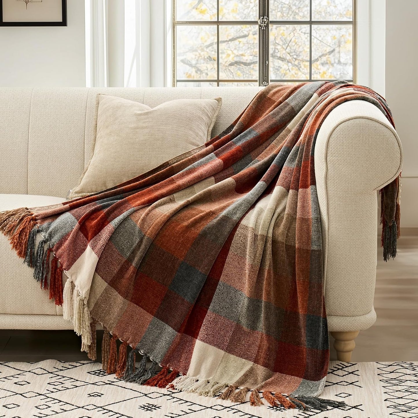 EVERGRACE Plaid Chenille Throw Blanket for Couch, Super Soft Cozy Decorative Fall Throw Blanket with Tassels for Bed Sofa Gift, Lightweight Harvest Plaid Throw Blanket for Autumn 50”x60”