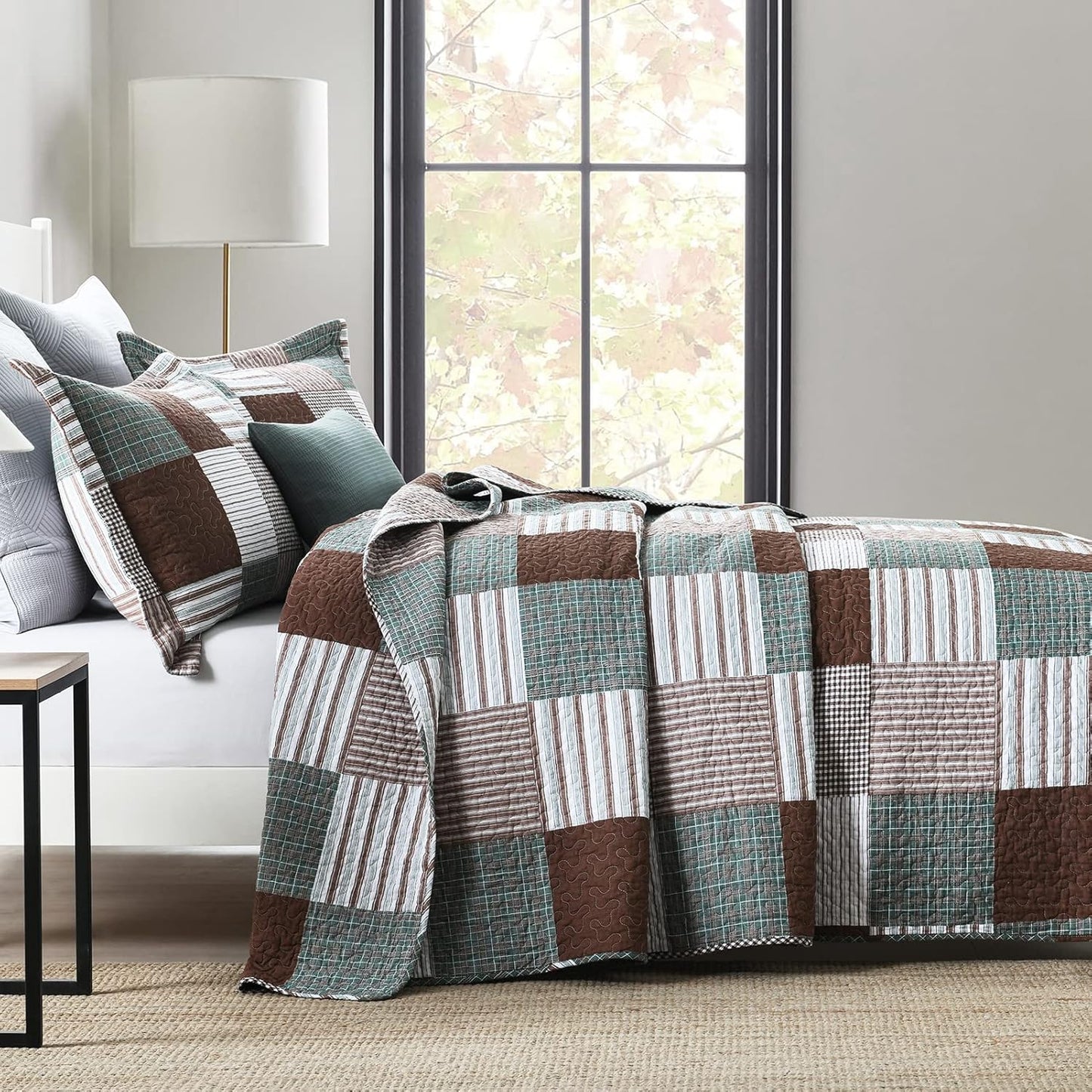 KALOOLA Plaid King Size Quilt Set, 100% Cotton Lightweight Quilted Bedspread with 2 Pillowshams for King Bed, Farmhouse Printed Bedding Set Coverlet for All Season, 3Pcs, Brown/Green