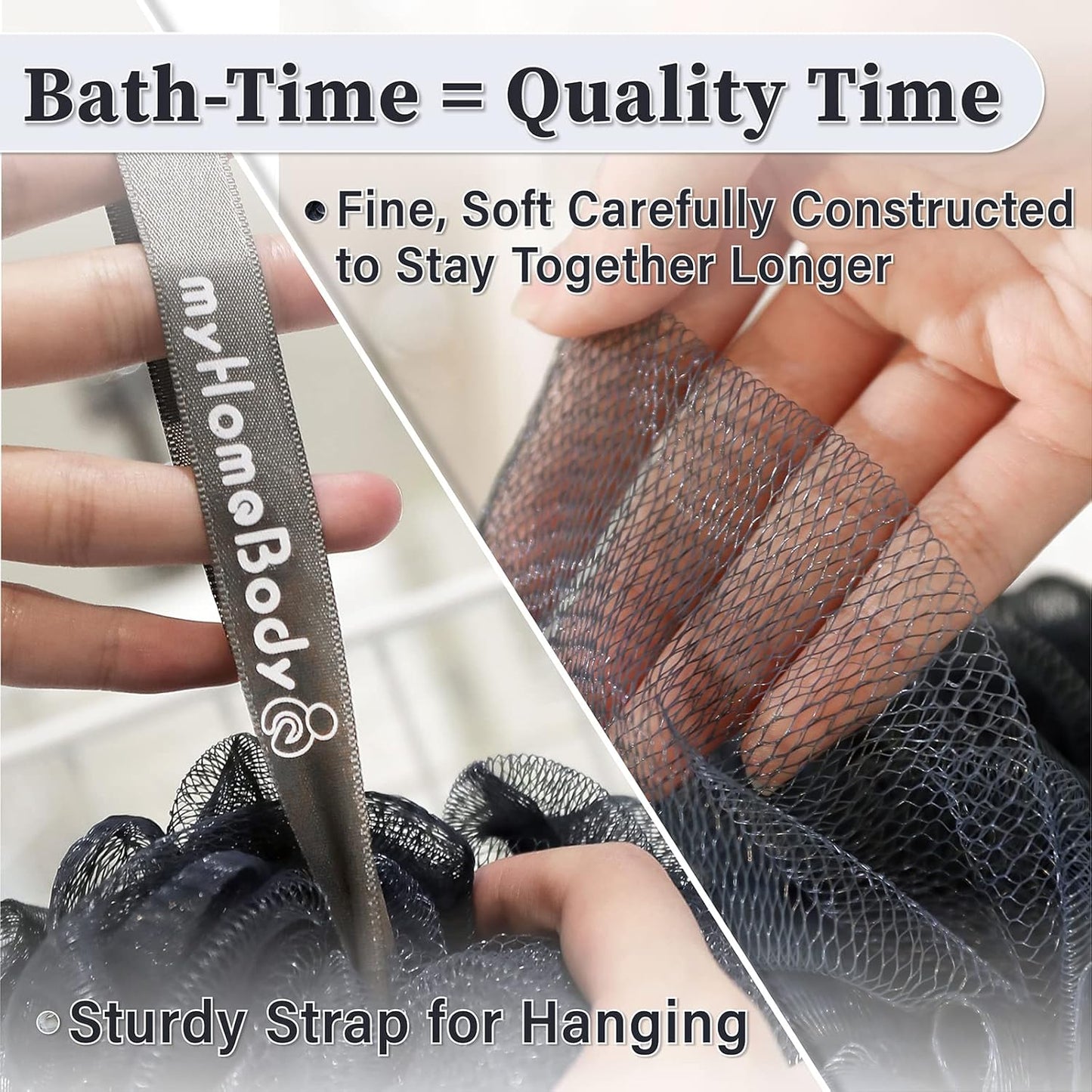 myHomeBody 60g Loofah Sponge, Body Scrubber, Bath Sponge, Loofah for Women, Men, Exfoliating Sponge Shower Pouf with Activated Charcoal - 2 Fog Gray + 1 Midnight Blue, 3 Pack