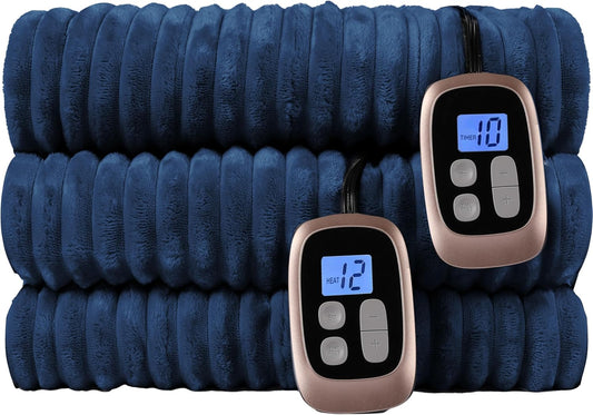 Electric Heated Blanket Queen Size 84x90 Inch - Ultra Soft Silky Flannel with Ribbed Texture, Dual Zone Controllers with 10 Heating Levels and 12 Hours Auto-Off Feature - Navy Blue