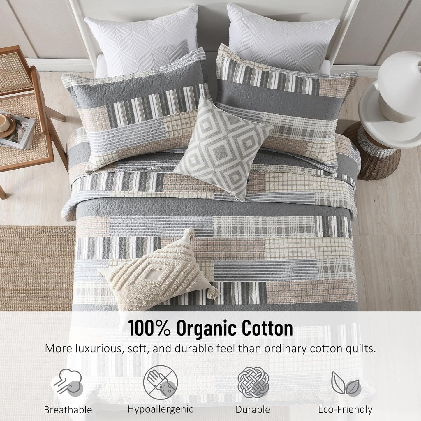 Farmhouse King Quilt Set - 100% Cotton Patchwork Striped Plaid King Size Quilt Bedspread, Grey Brown Beige Lightweight Reversible Coverlet Bedding Set with 2 Pillow Shams, All Season-98x90
