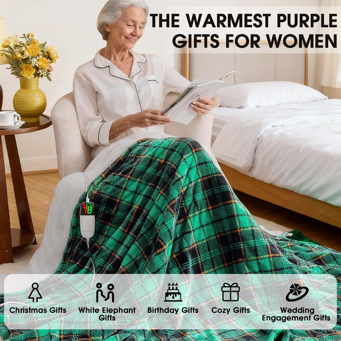 Green Heated Blanket Electric Throw 50X60, Heating Blanket for Couch, Plaid Sherpa Winter Blankets Warmer, 10 Levels & 8-Hour Auto Off, Fast Heated House Warming Gifts New Home Christmas Decor for Mom