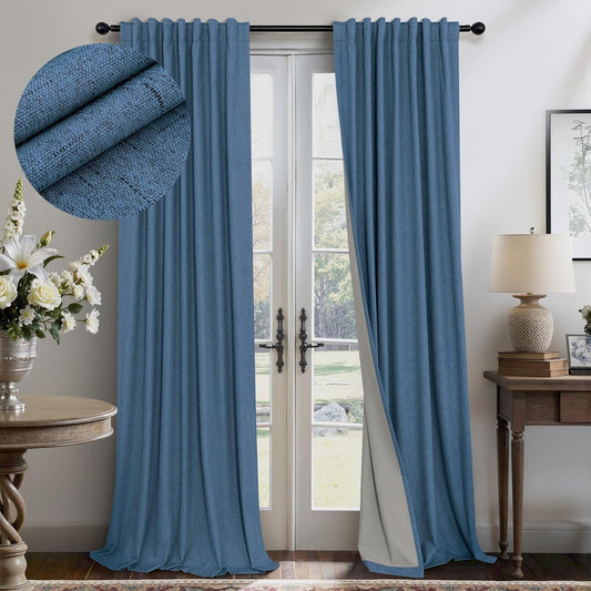 Denim Blue Blackout Drapes 96 Inches Long 2 Panel Burg Cute Linen Textured Modern Farmhouse Living Room Darkening Curtain for Bedroom Viral Sound Deadening Insulated Thermal Back Tab Pleated 96 Length