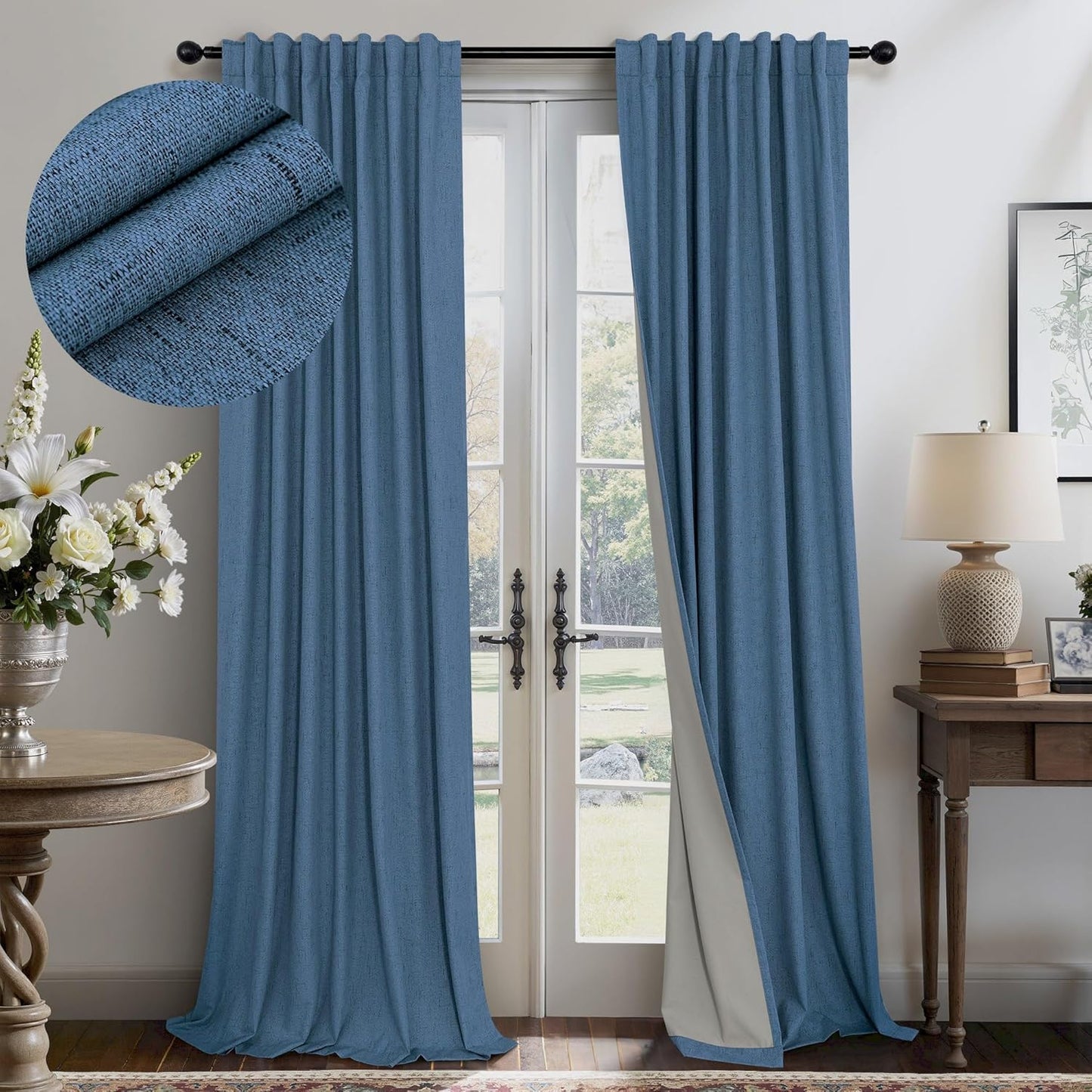Denim Blue Blackout Curtains & Drapes 84 Inch Length 2 Panels Set Faux Linen 100% Black Out Room Darkening Soundproof Country Blue Curtains for Bedroom Living Room Back Tab Pocket 52x84 Long Drapes