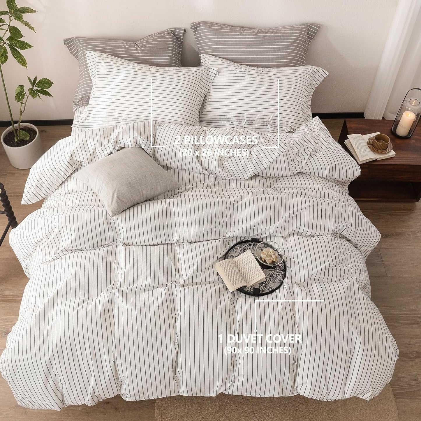 Stripe Duvet Cover Queen Size 90inch x 90inch, 100% Washed Cotton Linen Feel Pinstripe Duvet Cover with Zipper Closure and 2 Pillowcases, Color of White-Dark Grey Stripe